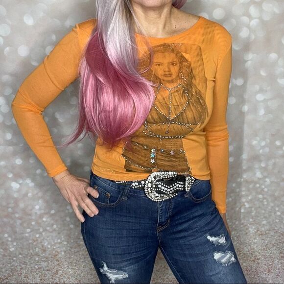 Long Sleeve Orange Mesh Embellished Top - Picture 3 of 15